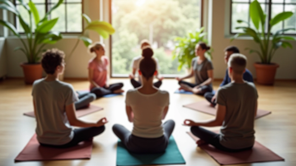 Group of people sitting together in meditation circle in bright peaceful studio space