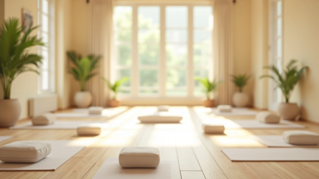 Interior of meditation studio with natural lighting, comfortable cushions and mats arranged in circle, peaceful atmosphere