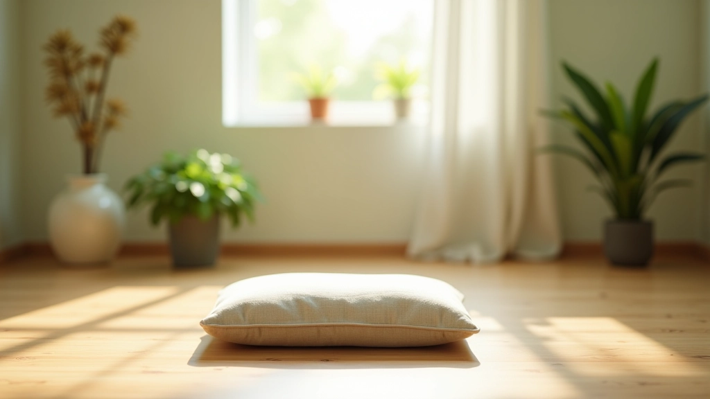 Peaceful meditation space with cushion, soft lighting, and minimal decor creating calm environment