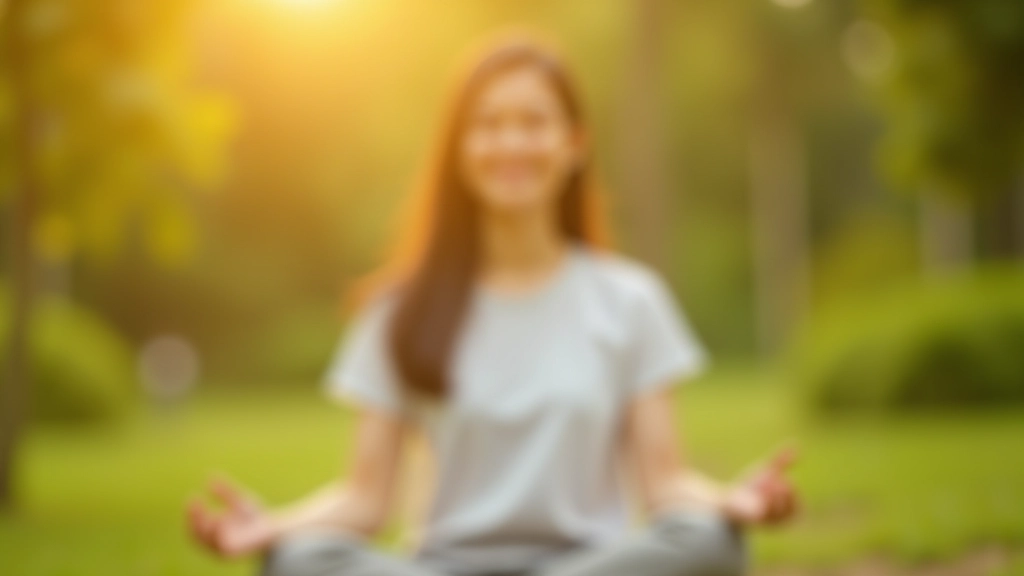 Person meditating outdoors in peaceful natural setting, morning sunlight filtering through leaves