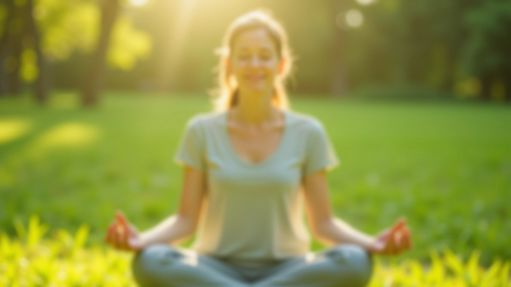 Peaceful person in meditation posture in bright natural setting with calm expression