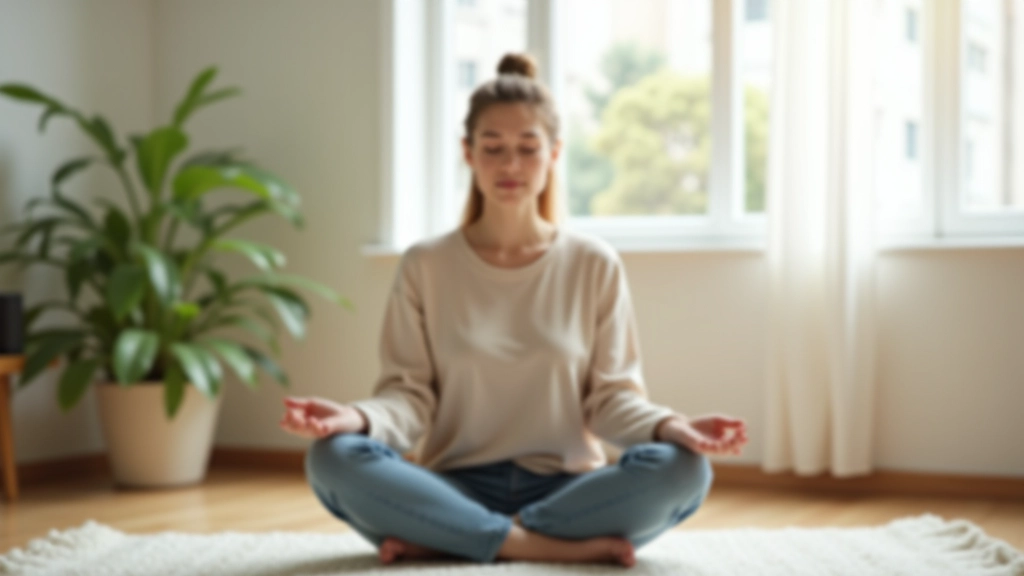 Woman practicing breathing exercises in peaceful living room with natural light streaming through windows